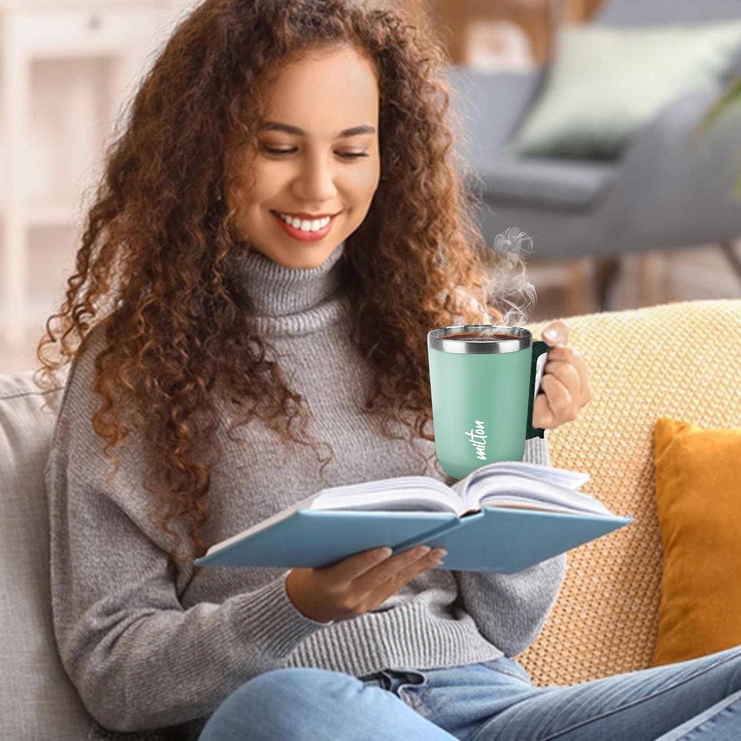 MILTON Cool Touch Coastal Coffee Mug 350 Double Walled 300 ml Inner Stainless Steel Tea Mug and Lid, Coffee Mug Travel Tea Cup, Black Coffee, Single, Blue