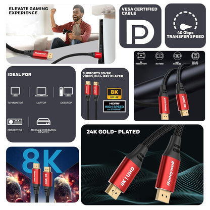 Honeywell DisplayPort to DisplayPort 2.0 Cable – 8K@60Hz UHD, 40Gbps, 2 Meter, Male to Male (TV, Laptop, Monitor, Projector)