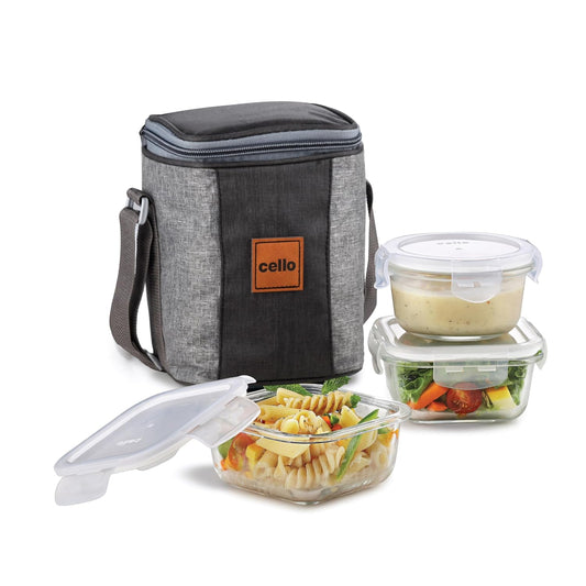 CELLO Glassy Square Lunch Box Set of 2 (320 ml x 2), Clear | Microwavable Toughened Glass | Leak Proof Design | Tiffin for Office/School/College