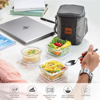 CELLO Glassy Square Lunch Box Set of 2 (320 ml x 2), Clear | Microwavable Toughened Glass | Leak Proof Design | Tiffin for Office/School/College