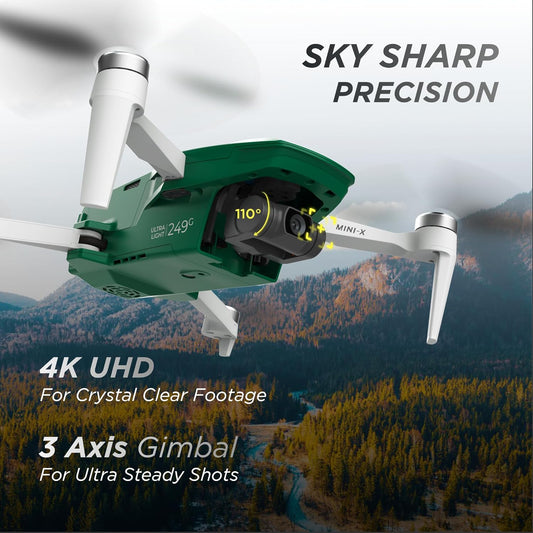 IZI Mini X Nano Fly More Combo 4K Camera Drone UHD 20MP, CMOS,4KM Live Video, 93-min Flight Time, GPS, 3-Axis Gimbal, 10+Flight Modes, 3xSmart Battery, Fast Tri-Charger, Under 249g UAV - 1 Yr Warranty