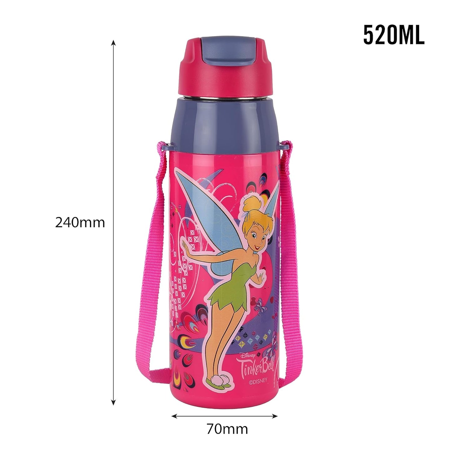 CELLO Puro Steel-X Hydra Kid 600 Water Bottle | PU Insulation | School Bottle | Picnic Bottle | Cold Insulation | Leak Proof | Kids Bottle | Easy to Carry | Tinker Bell | 520ml | Pink