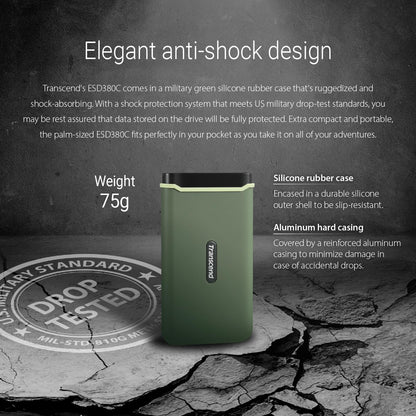Transcend 380C Portable SSD - Up to 2,000 MB/s - USB 3.2 Gen 2x2, USB Type C to A/C - External SSD, Military Green