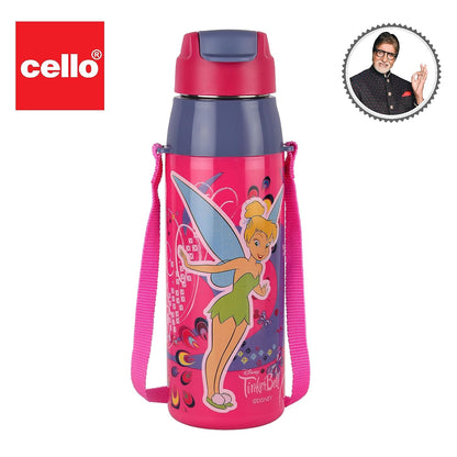 CELLO Puro Steel-X Hydra Kid 600 Water Bottle | PU Insulation | School Bottle | Picnic Bottle | Cold Insulation | Leak Proof | Kids Bottle | Easy to Carry | Tinker Bell | 520ml | Pink