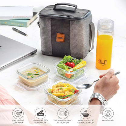 CELLO Glassy Square Lunch Box Set of 2 (320 ml x 2), Clear | Microwavable Toughened Glass | Leak Proof Design | Tiffin for Office/School/College