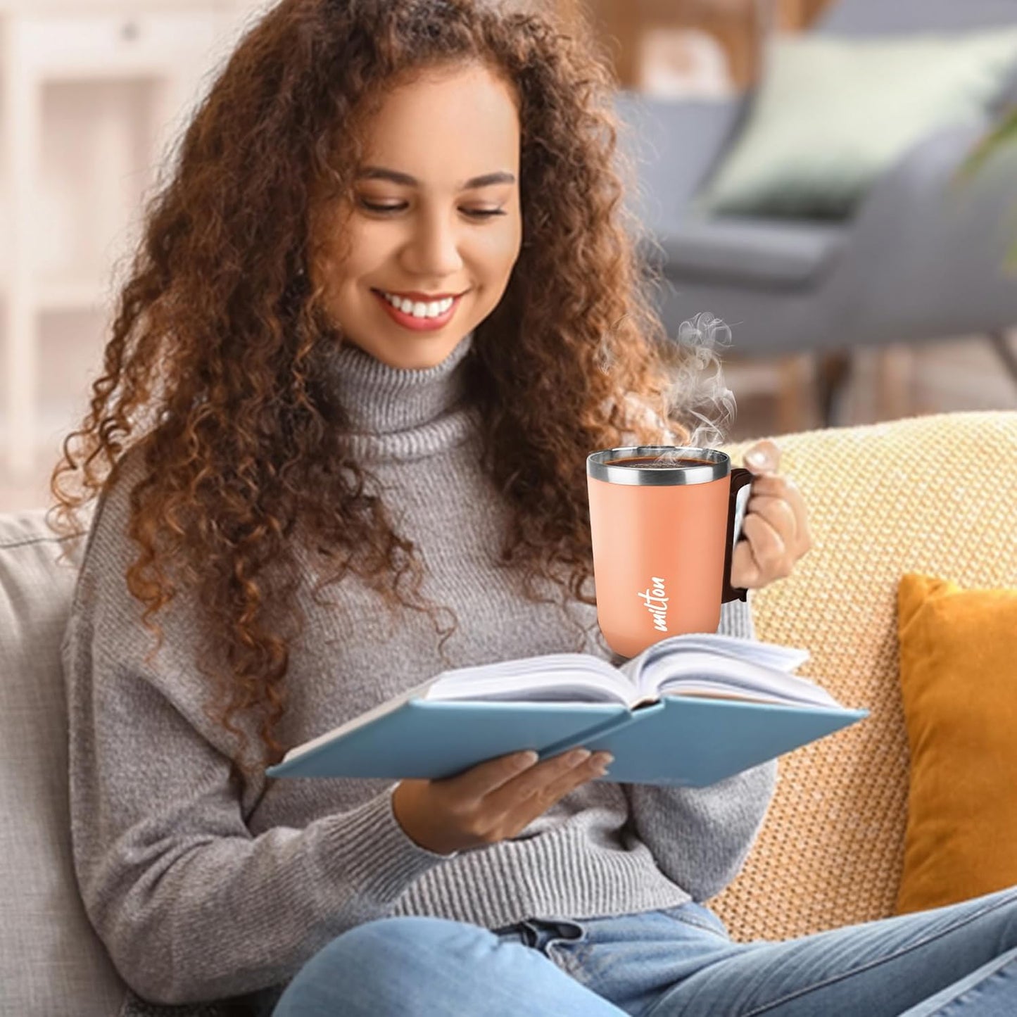 MILTON Cool Touch Coastal Coffee Mug 350 Double Walled 300 ml Inner Stainless Steel Tea Mug and Lid, Coffee Mug Travel Tea Cup, Black Coffee, Single, Blue