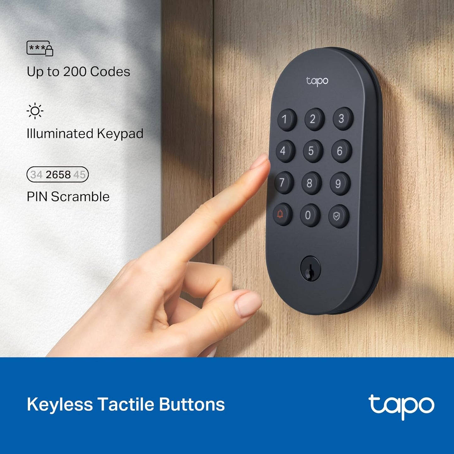 Tapo Smart Wi-Fi Deadbolt Door Lock Keyless Tactile Buttons, Customized Access with in-App Monitoring, IP54 Weatherproof, BHMA Grade 3, Compatible with Standard Door Size, Tapo DL100 Free Installation
