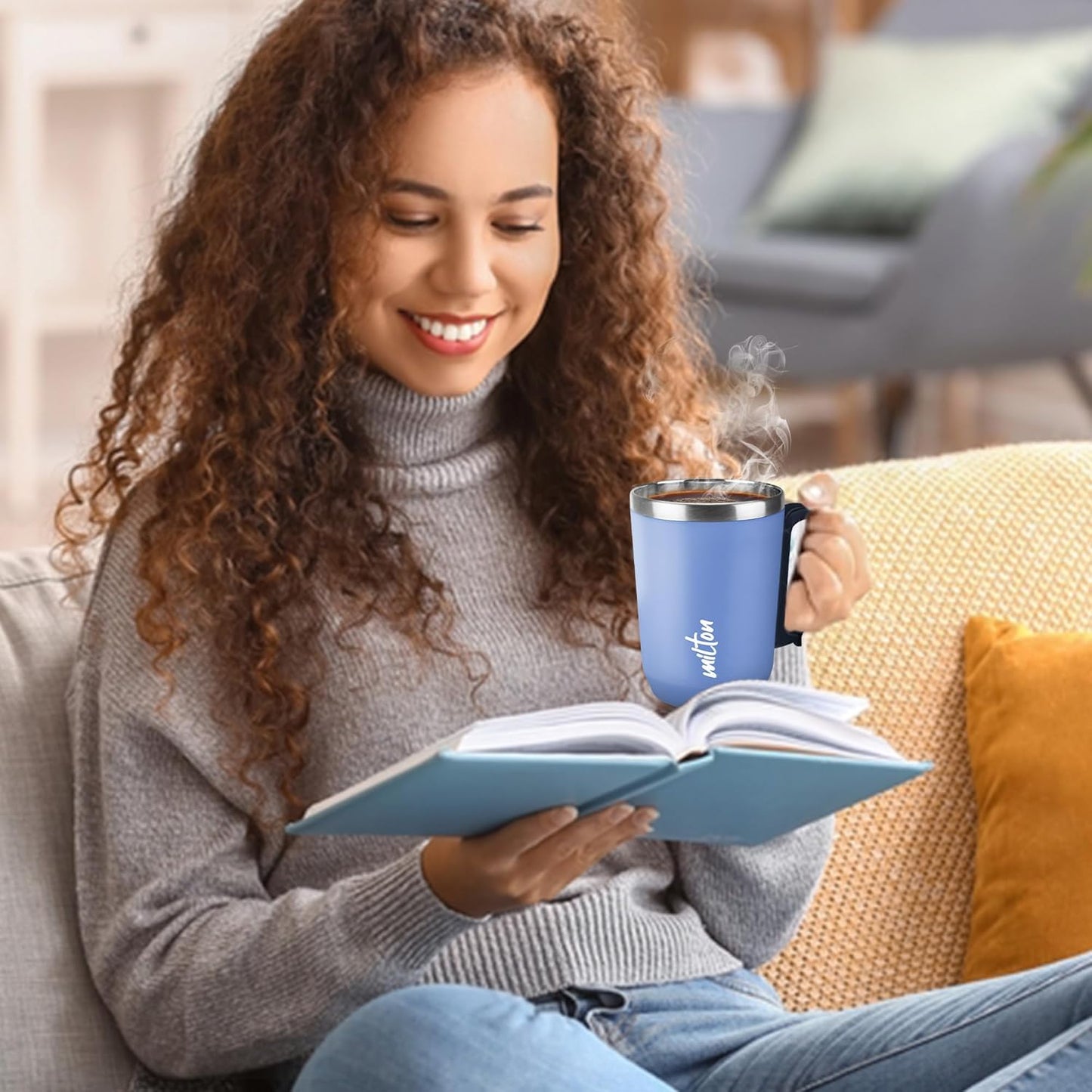 MILTON Cool Touch Coastal Coffee Mug 350 Double Walled 300 ml Inner Stainless Steel Tea Mug and Lid, Coffee Mug Travel Tea Cup, Black Coffee, Single, Blue