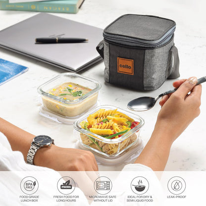 CELLO Glassy Square Lunch Box Set of 2 (320 ml x 2), Clear | Microwavable Toughened Glass | Leak Proof Design | Tiffin for Office/School/College