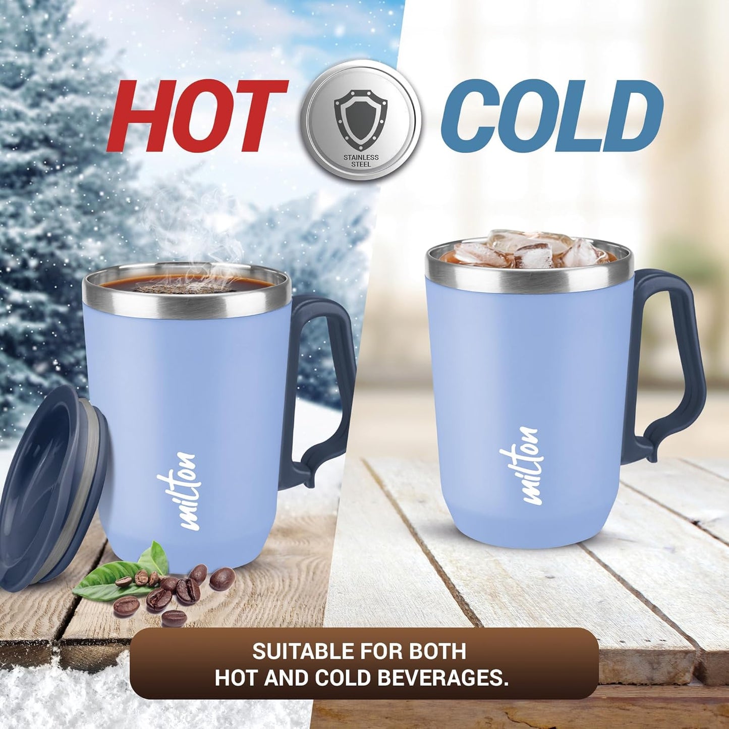 MILTON Cool Touch Coastal Coffee Mug 350 Double Walled 300 ml Inner Stainless Steel Tea Mug and Lid, Coffee Mug Travel Tea Cup, Black Coffee, Single, Blue