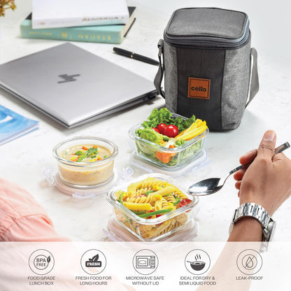 CELLO Glassy Square Lunch Box Set of 2 (320 ml x 2), Clear | Microwavable Toughened Glass | Leak Proof Design | Tiffin for Office/School/College