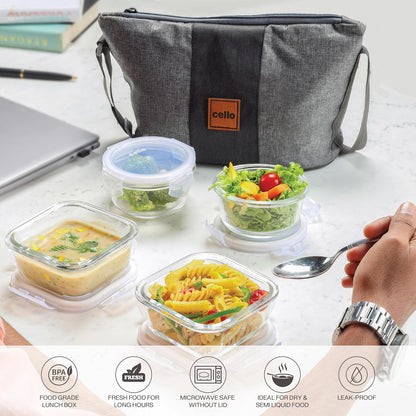CELLO Glassy Square Lunch Box Set of 2 (320 ml x 2), Clear | Microwavable Toughened Glass | Leak Proof Design | Tiffin for Office/School/College