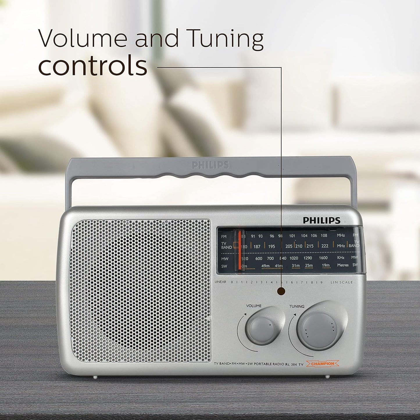 Philips Radio RL384/94 with MW/FM/SW/TV Bands, 500mW RMS Sound output, Battery: 3xR20 (4.5V DC)External DC SOCKET: 4.5V DC, Without Battery/Adaptor