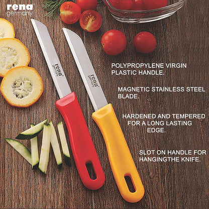 Rena Germany Knife Set - Serrated 110mm and 90mm, Plain 90mm, Promo Peeler - Kitchen Accessory for Home and Restaurant (Stainless Steel, Silver)