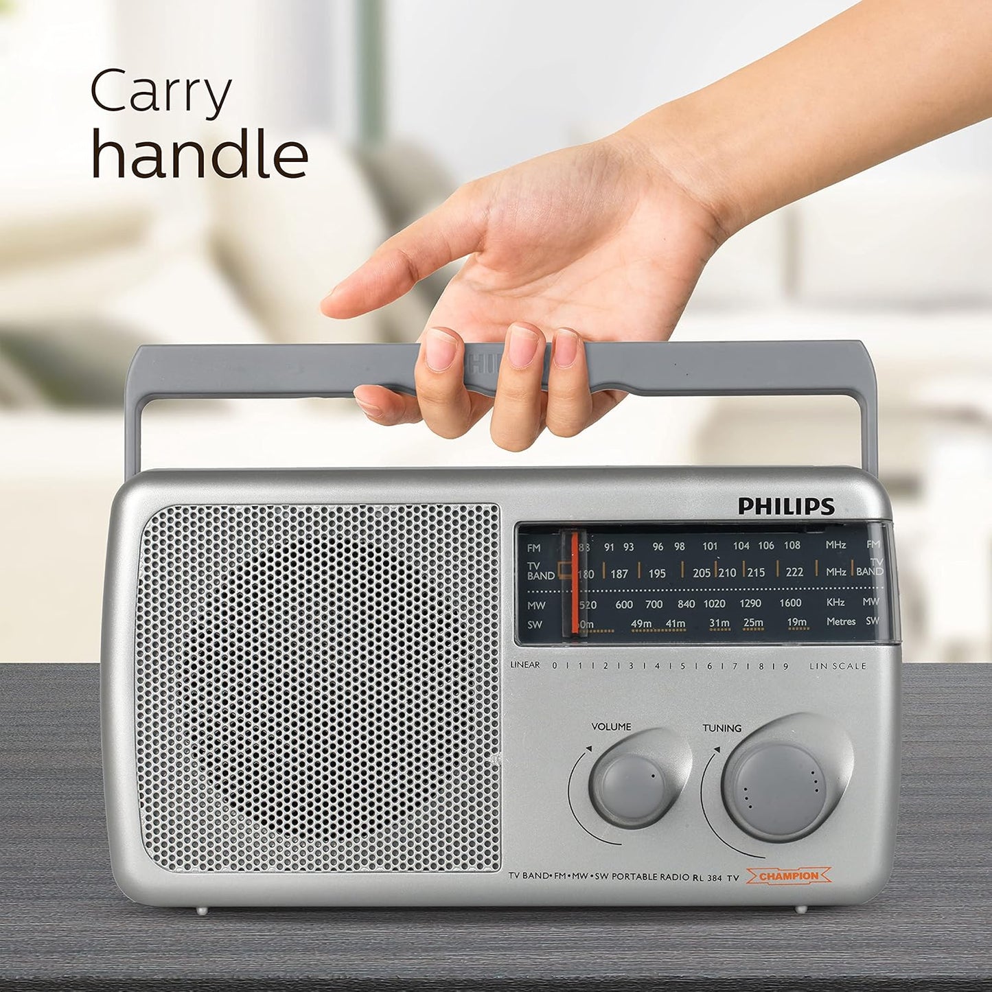 Philips Radio RL384/94 with MW/FM/SW/TV Bands, 500mW RMS Sound output, Battery: 3xR20 (4.5V DC)External DC SOCKET: 4.5V DC, Without Battery/Adaptor