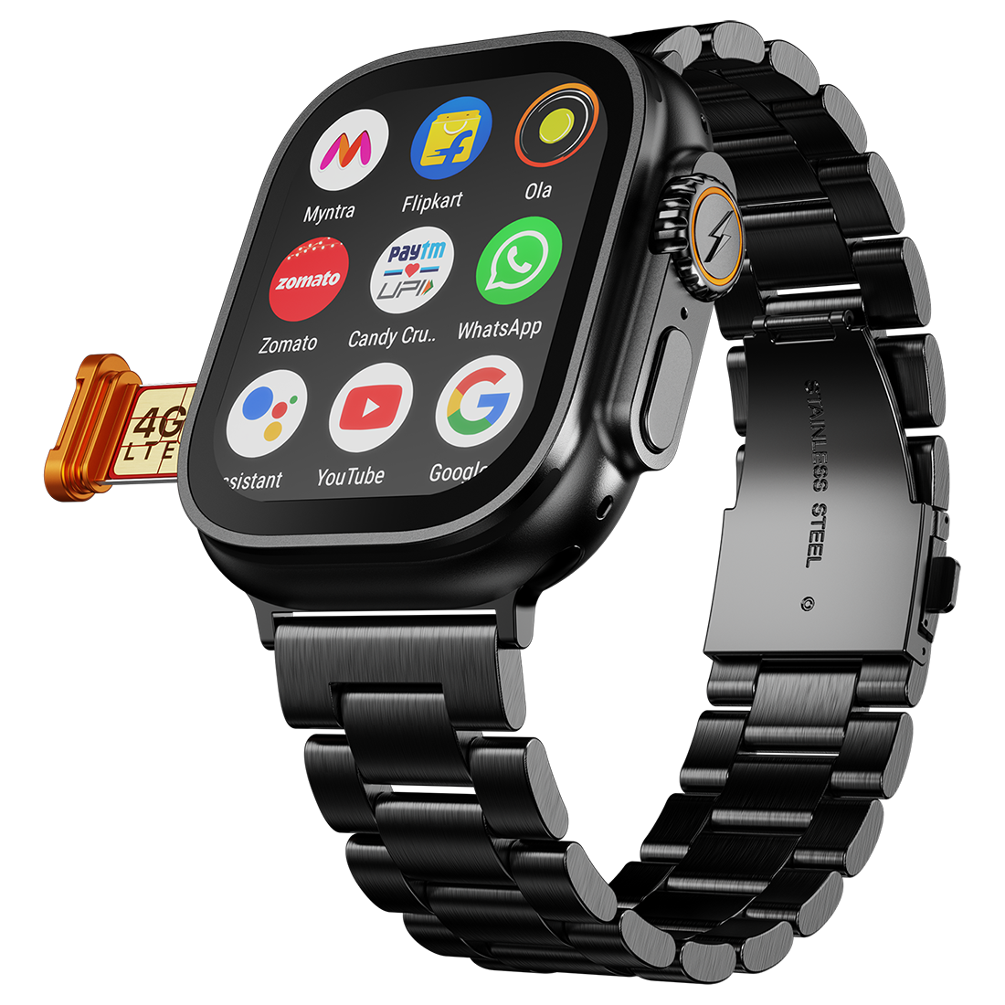 FIRE-BOLTT Oracle Wi-Fi+4G SIM Android OS Wristphone (49mm Display, In Built GPS, Crystal Tide Strap)-Smart Watch-Fire-Boltt-Black-Chrome-computerspace