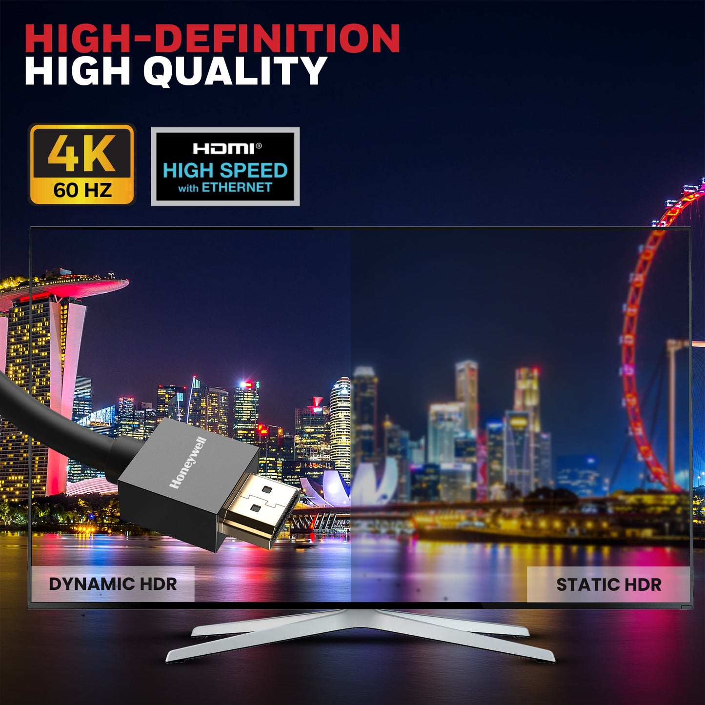 Honeywell HDMI 2.0 Cable with Ethernet | High Speed HDMI Cable 10.2GBPS | Supports 3D /4Kx2K Ultra High Definition | 3D Home Theatre | 3D Gaming | Black (65.6ft/20M)
