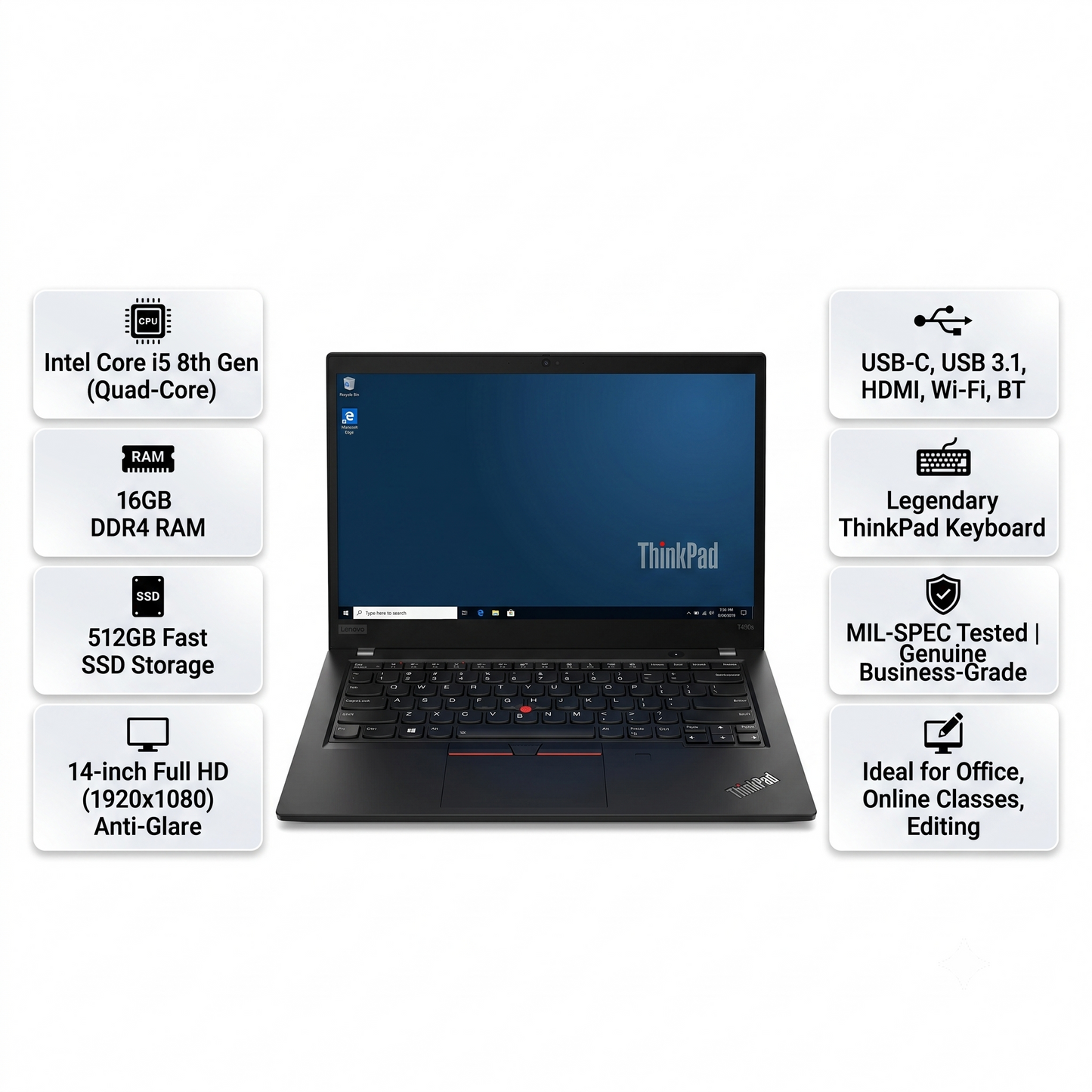 Lenovo ThinkPad T490s Refurbished Laptop – Intel Core i5 8th Gen, 16GB RAM, 512GB SSD, 14" FHD Touchscreen, Windows 10 Pro (A+ Grade)