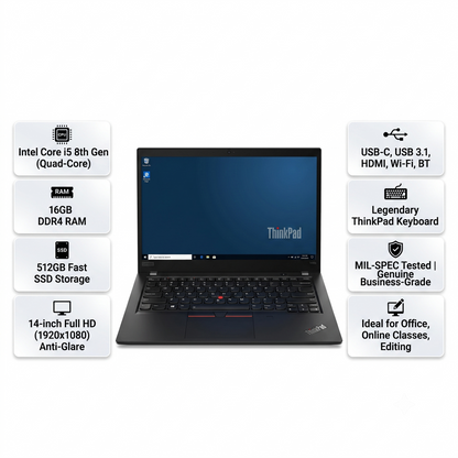 Lenovo ThinkPad T490s Refurbished Laptop – Intel Core i5 8th Gen, 16GB RAM, 512GB SSD, 14" FHD Touchscreen, Windows 10 Pro (A+ Grade)
