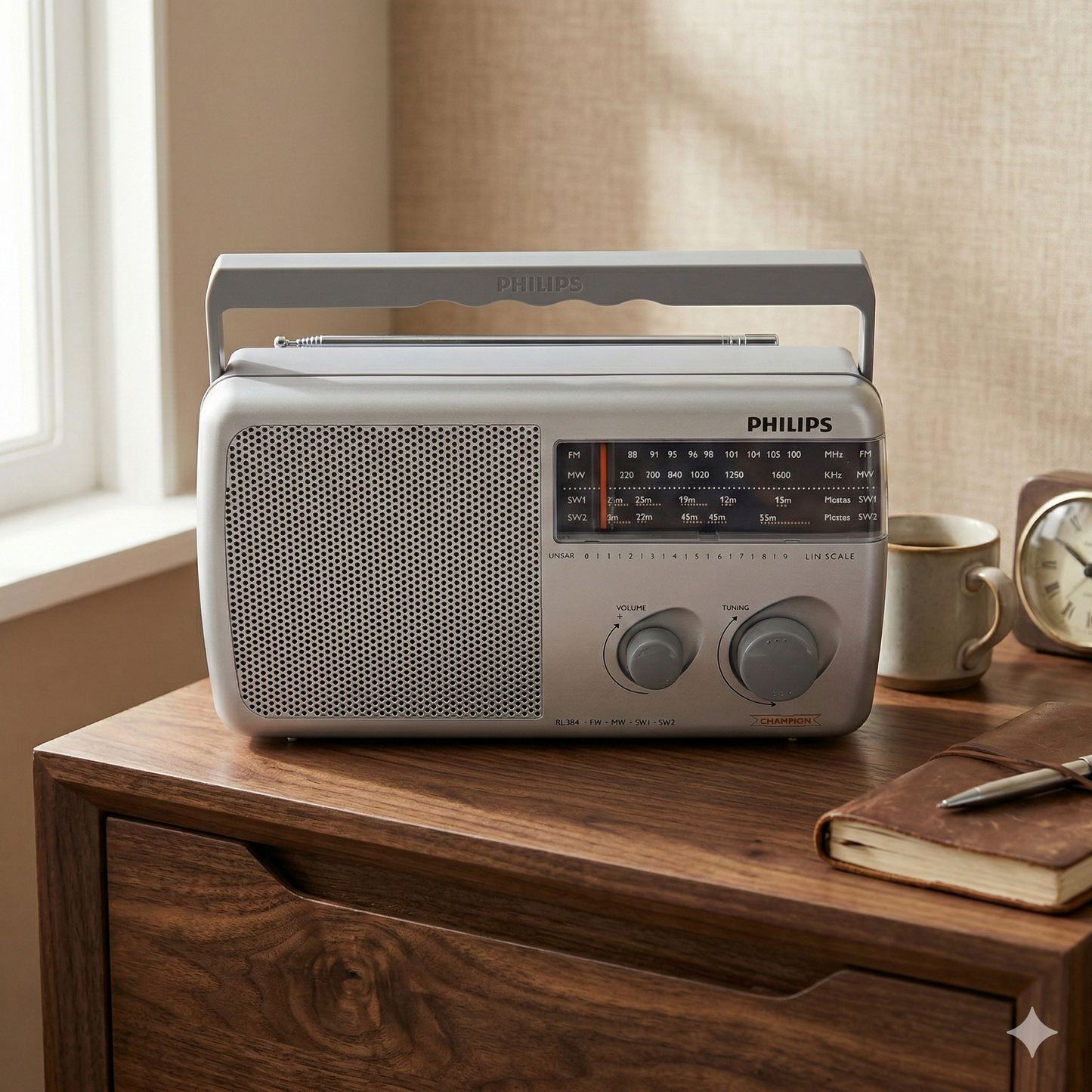 Philips RL384/94 Portable Multi-Band Radio | FM/MW/SW1-SW2 | High Sensitivity, Battery & DC Powered (Black)