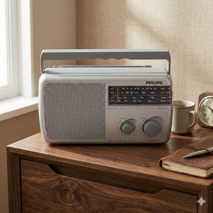 Philips RL384/94 Portable Multi-Band Radio | FM/MW/SW1-SW2 | High Sensitivity, Battery & DC Powered (Black)