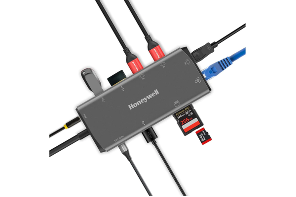 Honeywell 11-in-1 TypeC Multiport Dock with Dual 4K HDMI,DP,RJ45 Ethernet Port,2xUSB 3.0 & TypeC 3.0,3.5 mm Audio Ports,SD & MicroSD Slot,Compatible with All TypeC Devices- Windows,MAC