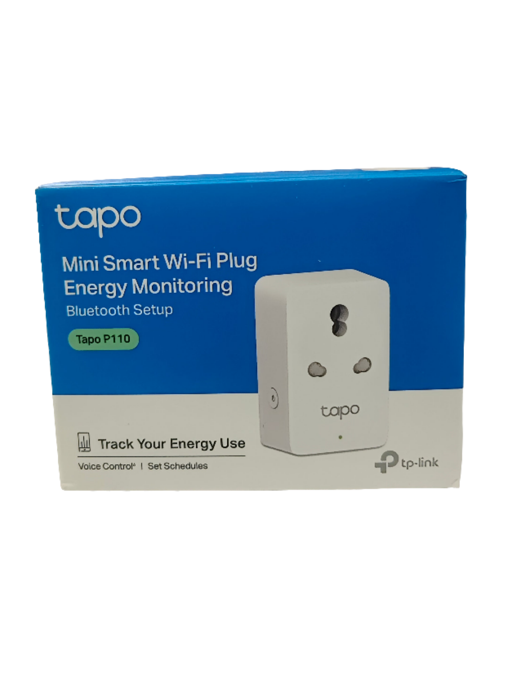 TP-Link Tapo P100 smart Wi-Fi plug packaging on a white background

