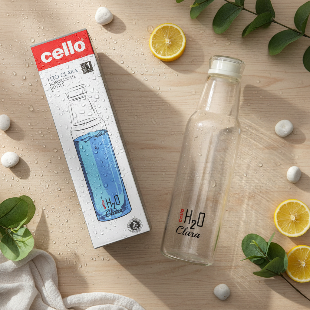 Cello H2O Clara 1 Litre Borosilicate Glass Water Bottle | Leakproof Lid | BPA-Free | Fridge-Friendly