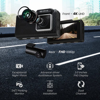 IZI DRIVE Plus 4K Dash Camera - Dual Channel, GPS, Night Vision