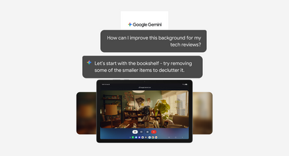 Google Gemini chatbot interface with text and video feed on a white background
