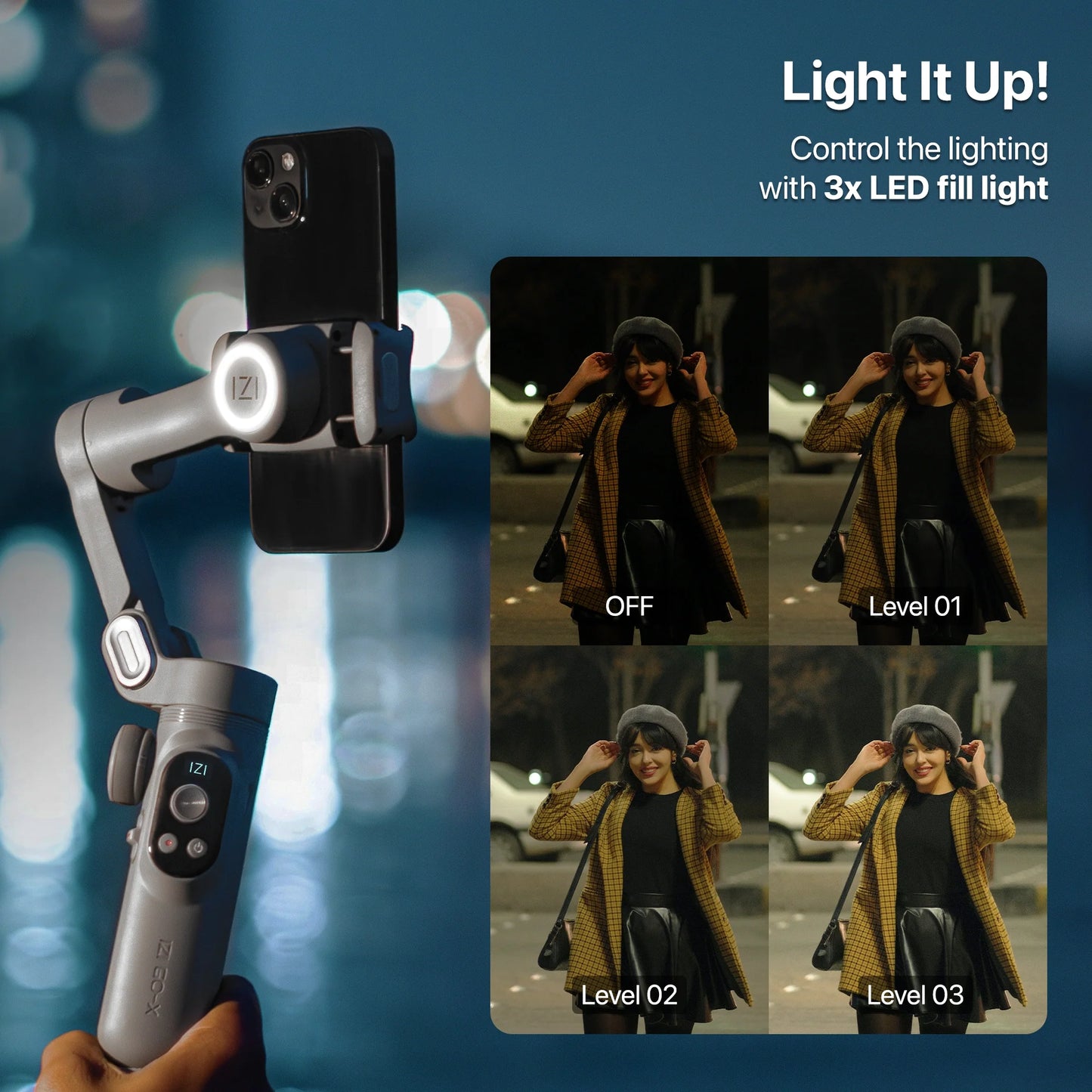 IZI GO-X 3-Axis Gimbal Online: OLED Display, LED Light, AI Tracking