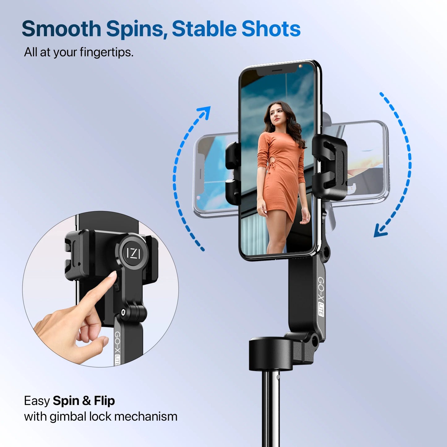 IZI GO X Lite Smartphone Gimbal Stabilizer with Built in Extendable Telescopic Rod | AI Tracking & Remote Control | 6H Battery | 310g Payload