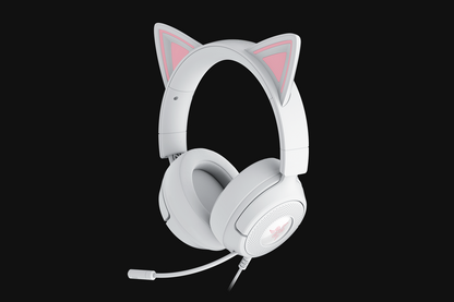 Razer Kraken Kitty V3 X white wired gaming headset with kitty ears, front view
