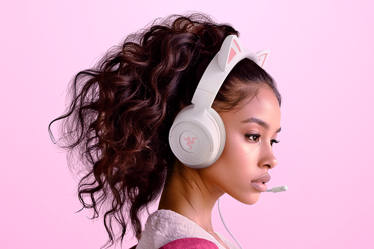 Razer Kraken Kitty V3 X white kitty-ear gaming headset, close-up detail