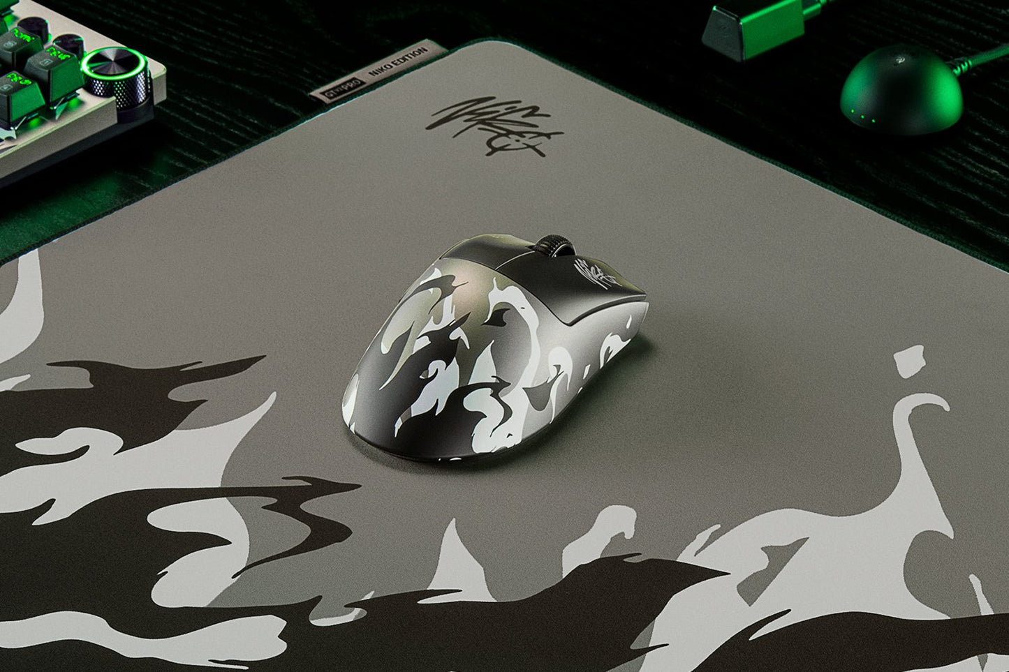 Razer DeathAdder V4 Pro NiKo Edition white gaming mouse, close-up detail