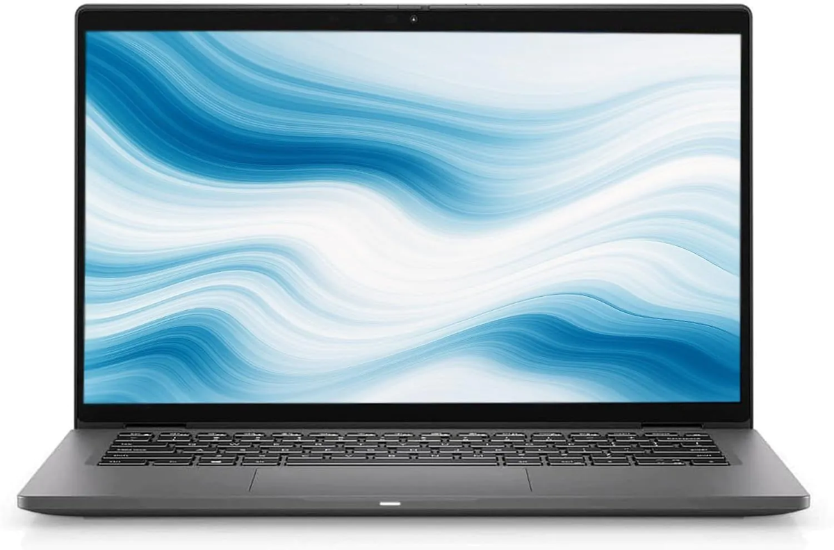 Front view of an open grey laptop with a blue and white screen