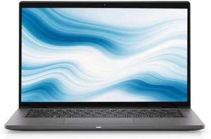 Front view of an open grey laptop with a blue and white screen