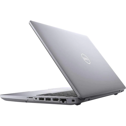 Rear angled view of a grey Dell laptop showing the lid and side ports