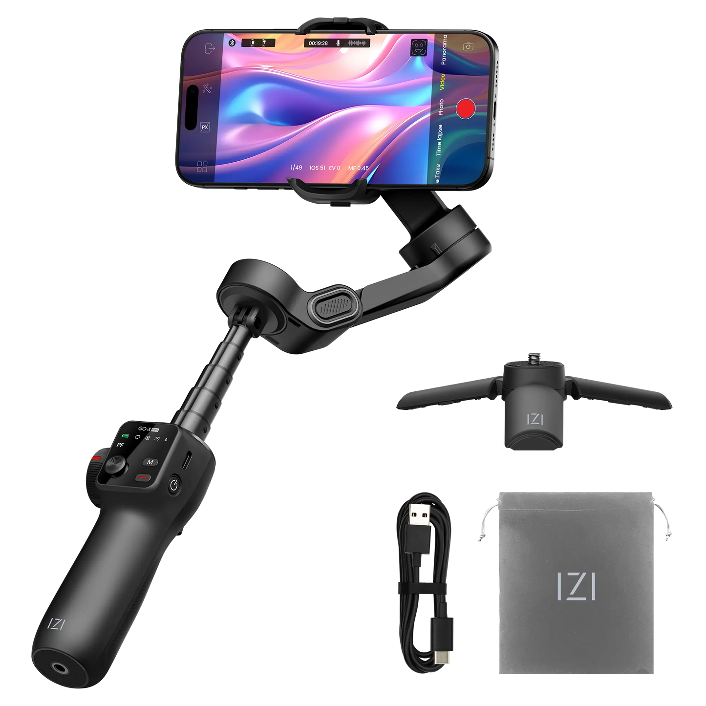 IZI GO-X PRO Foldable Gimbal for Smartphones, 3-Axis Stabilizer with Extension Rod, 6 Modes, AI Face Tracking