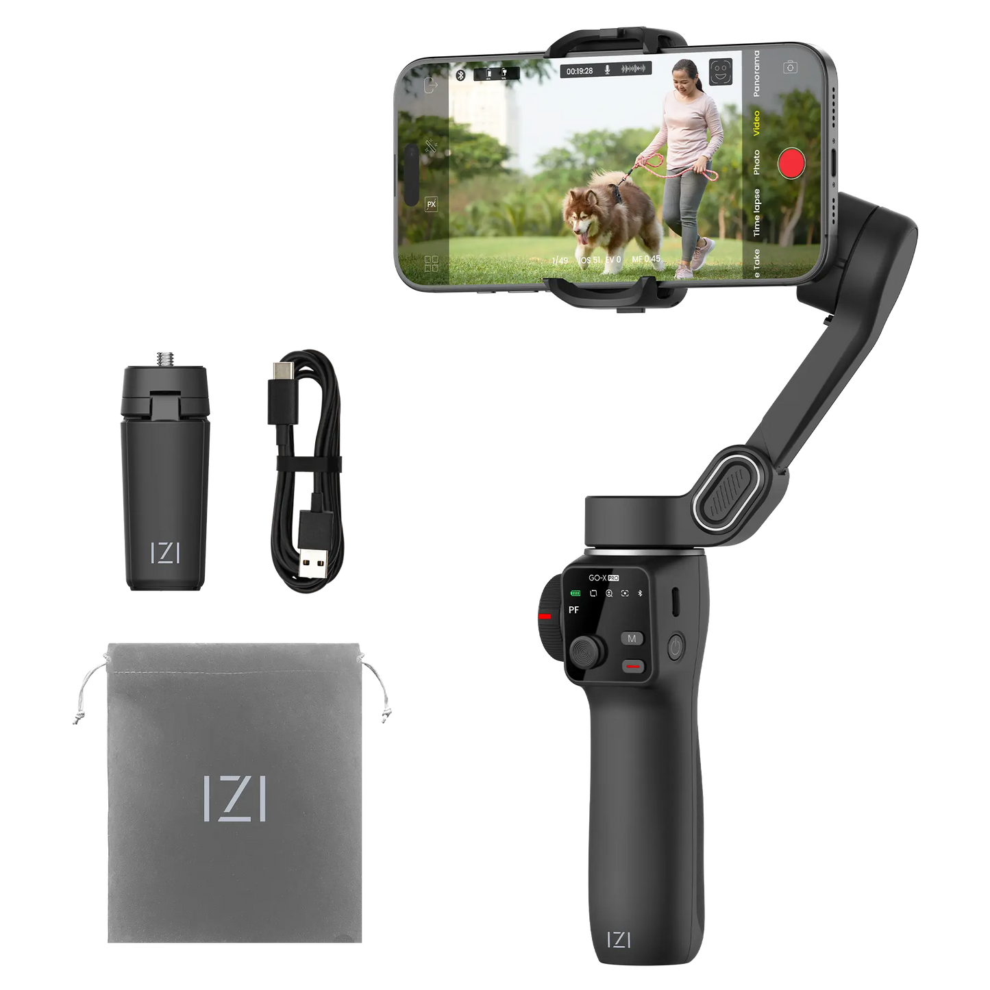 IZI GO-X PRO Foldable Gimbal for Smartphones, 3-Axis Stabilizer with Extension Rod, 6 Modes, AI Face Tracking