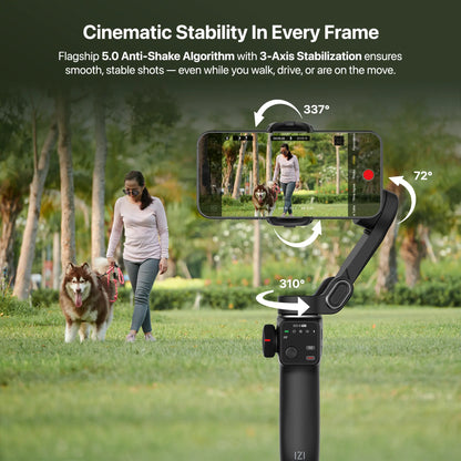 IZI GO-X PRO Foldable Gimbal for Smartphones, 3-Axis Stabilizer with Extension Rod, 6 Modes, AI Face Tracking