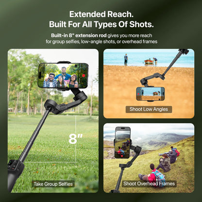 IZI GO-X PRO Foldable Gimbal for Smartphones, 3-Axis Stabilizer with Extension Rod, 6 Modes, AI Face Tracking