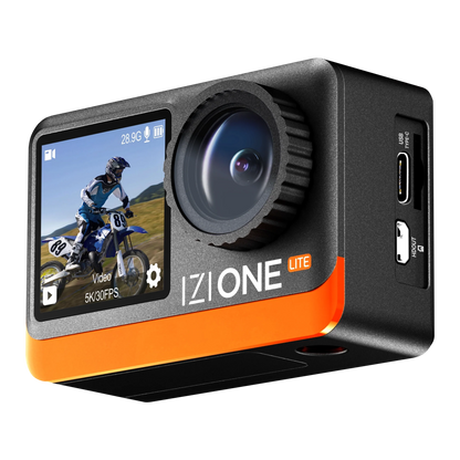 IZI One Lite 5K Action Camera - 4K 60FPS 50MP Ultra HD Moto Vlogging Action Cam, Dual Screen, EIS Stabilization, 170° Wide Angle, 30M Waterproof, 2-Battery - 180 mins action, 256GB SD Card Support