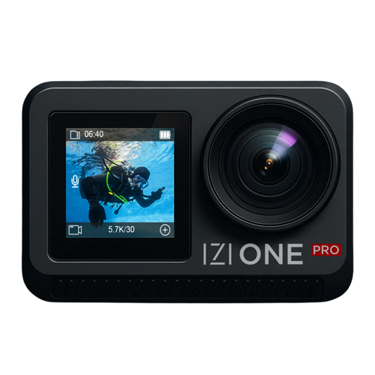 IZI One Pro 5.7K Action Camera with Sony STARVIS Sensor | 20M Body Waterproof | Dual OLED Screens | 240 Min Battery | 6-Axis Stabilization | Reels, Vlogs & Bikes