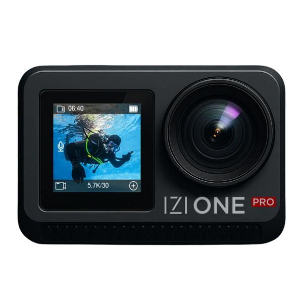 IZI One Pro 5.7K Action Camera with Sony STARVIS Sensor | 20M Body Waterproof | Dual OLED Screens | 240 Min Battery | 6-Axis Stabilization | Reels, Vlogs & Bikes