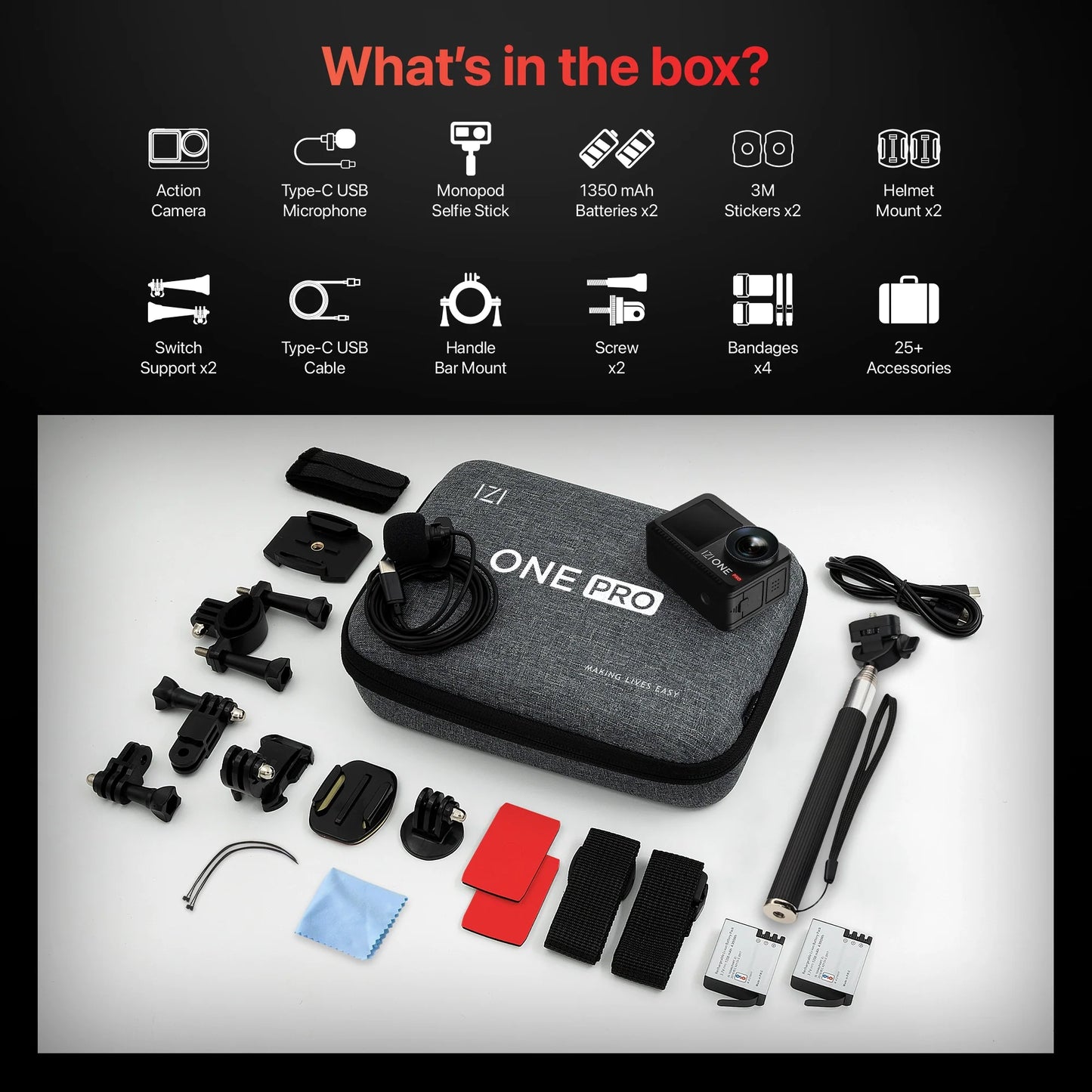 IZI One Pro 5.7K Action Camera with Sony STARVIS Sensor | 20M Body Waterproof | Dual OLED Screens | 240 Min Battery | 6-Axis Stabilization | Reels, Vlogs & Bikes