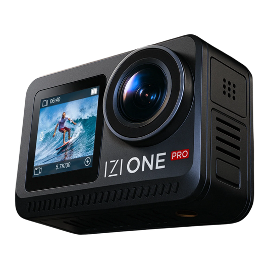 IZI One Pro 5.7K Action Camera with Sony STARVIS Sensor | 20M Body Waterproof | Dual OLED Screens | 240 Min Battery | 6-Axis Stabilization | Reels, Vlogs & Bikes