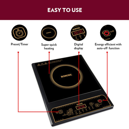 Borosil SmartKook PC13 Induction Cooktop 1400W – 7 Cooking Modes, Touch Control Glass Panel