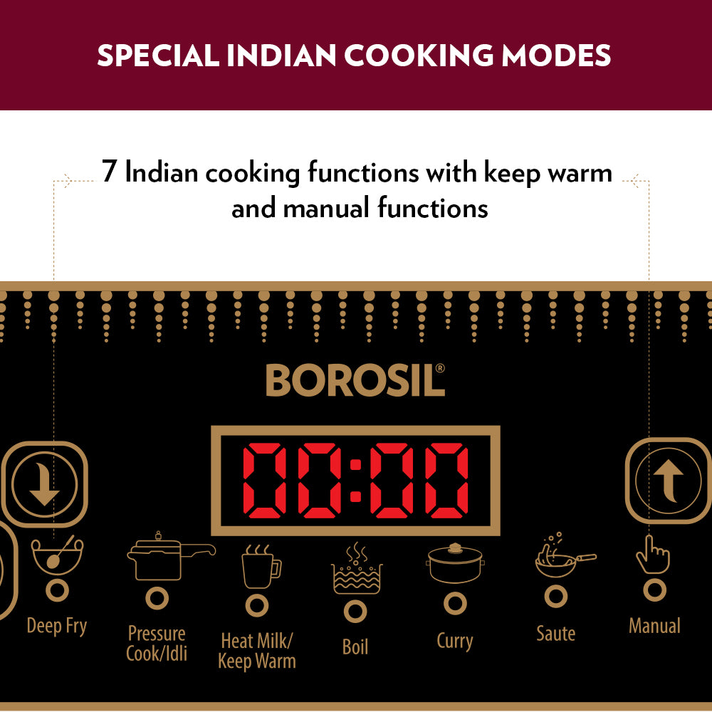 Borosil SmartKook PC13 Induction Cooktop 1400W – 7 Cooking Modes, Touch Control Glass Panel