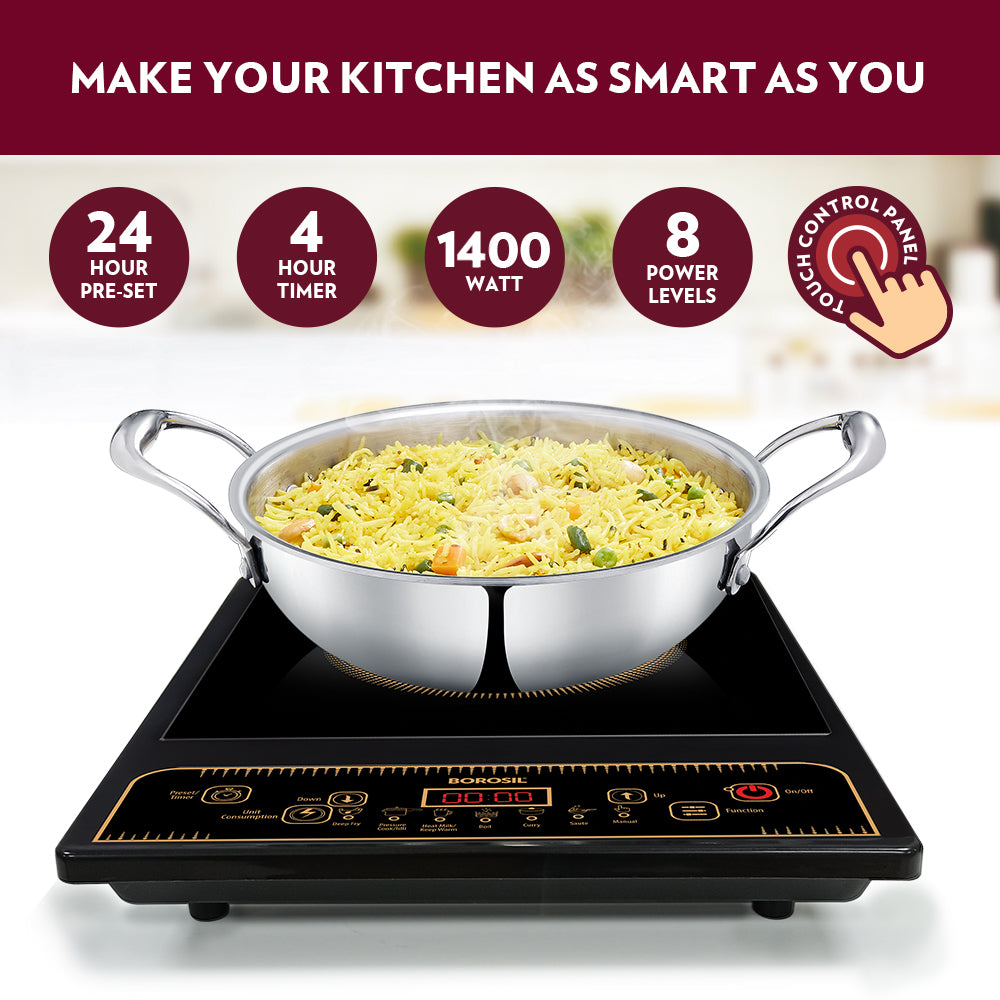 Borosil SmartKook PC13 Induction Cooktop 1400W – 7 Cooking Modes, Touch Control Glass Panel